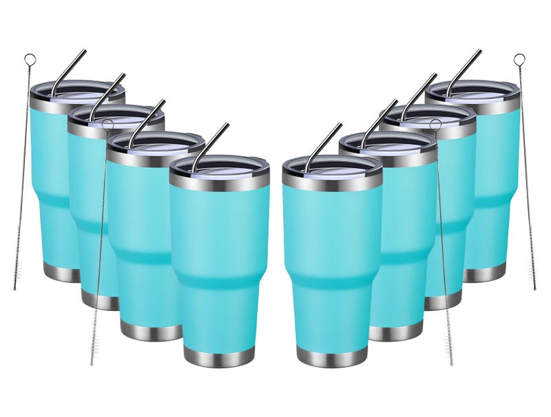 MEWAY 30oz Insulated Tumbler With Lids and Straws,Stainless Steel Double Vacuum Coffee Tumbler Cup, Brush, Durable Powder Coated Coffee Cup for Cold & Hot Drinks(Light Blue,8 PACK) - Image 1